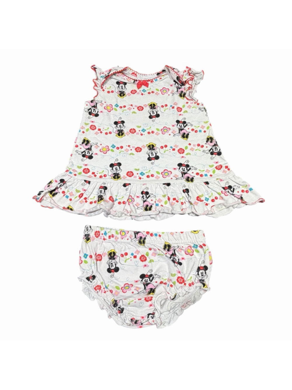 Disney Baby Minnie Mouse‎ Floral Dress Bloomers Set 6/9 Months White Red Cotton